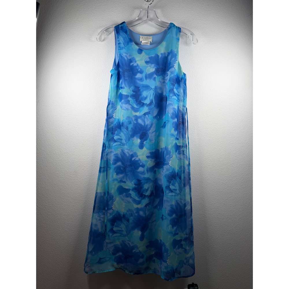 Vintage Girls Blue Floral Watercolor Midi Dress Sleeveless Round Neck Retro